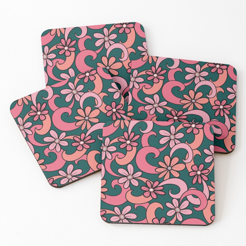 "Girly Groovy Pink Coral Green 70s Flowers Pattern" Coasters (Set of 4
