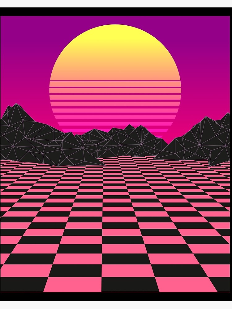 Vaporwave Sunset Mountains Pink Checkerboard Retro T Shirt