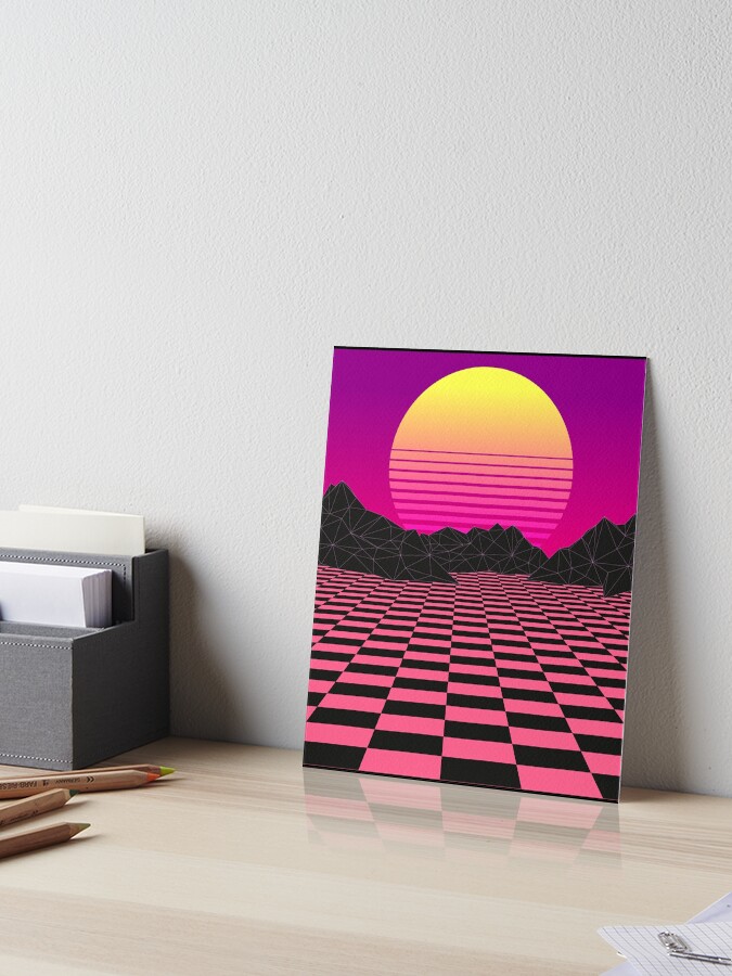 Vaporwave Sunset Mountains Pink Checkerboard Retro T Shirt