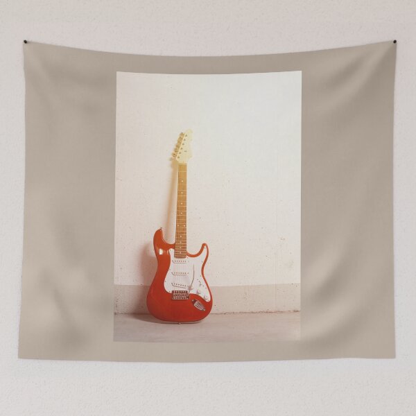 Item preview, Red electric guitar standing left against white raw wall designed and sold by Lukasz Szczepanski.