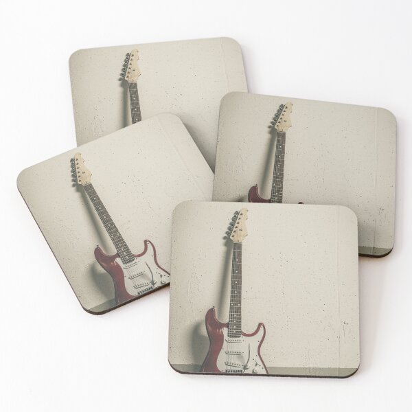 Item preview, Red electric guitar standing against white raw wall designed and sold by Lukasz Szczepanski.