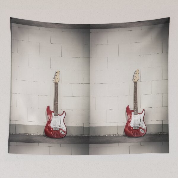 Item preview, Red electric guitar against white brick wall background designed and sold by Lukasz Szczepanski.