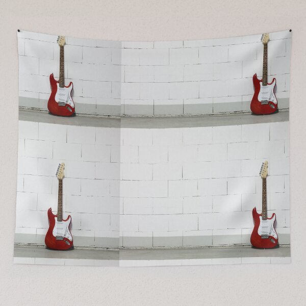 Item preview, Red electric guitar against white brick wall designed and sold by Lukasz Szczepanski.