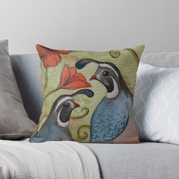 The quail and the poppy watercolor painting by Bazil Zerinsky Throw Pillow