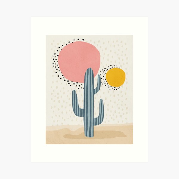 Cacti, Abstract, Sun, Mid century modern kids wall art, Nursery room Art Print