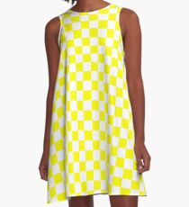 Bright Fluorescent Yellow Neon and White Checked Checkerboard A-Line Dress