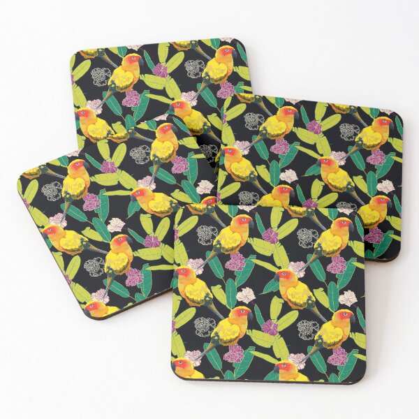 Item preview, Tropical seamless pattern with bright parrots, banana palm leafs and hibiscus flower designed and sold by MilaOkie.