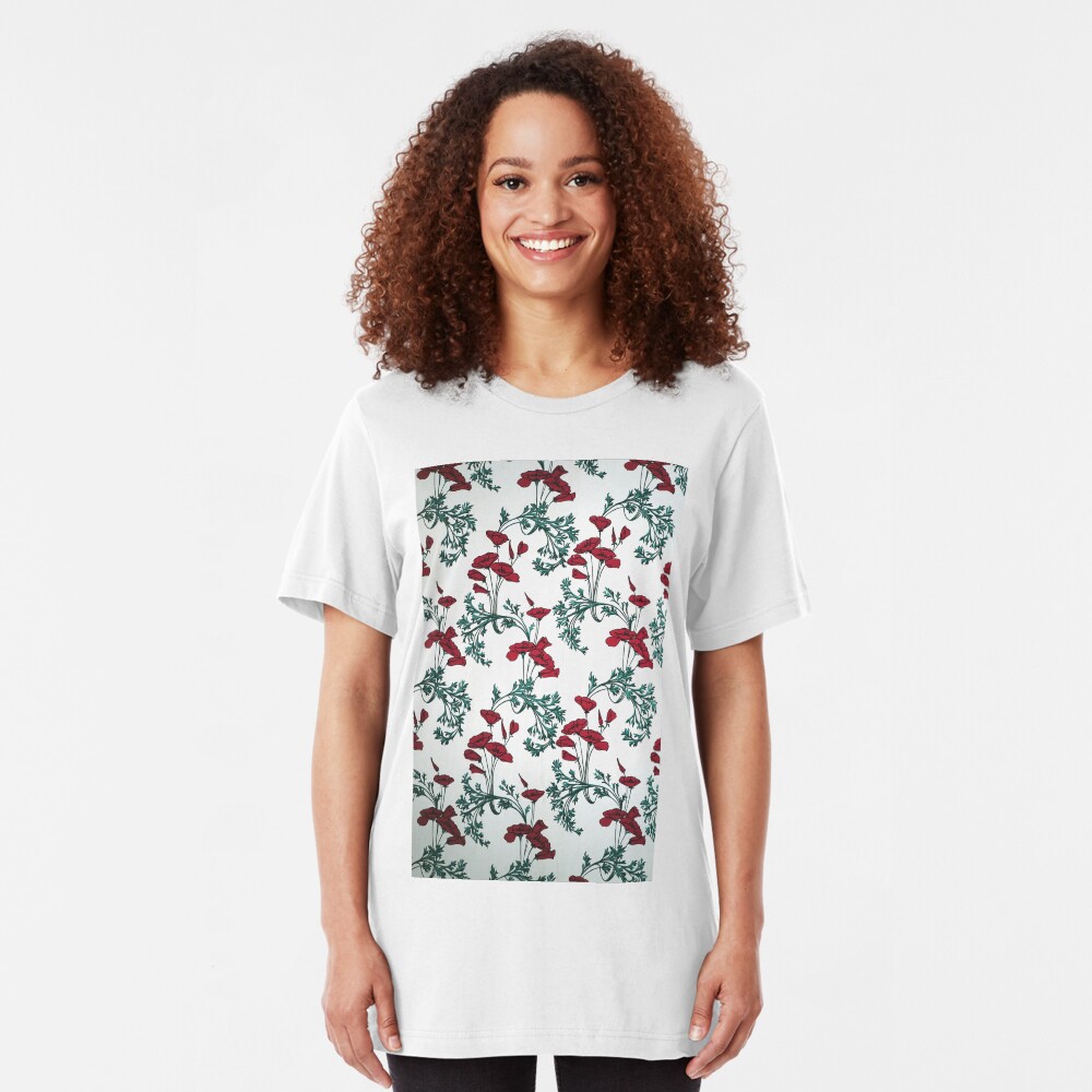 Red Poppies Vintage Victorian Wallpaper Slim Fit T-Shirt