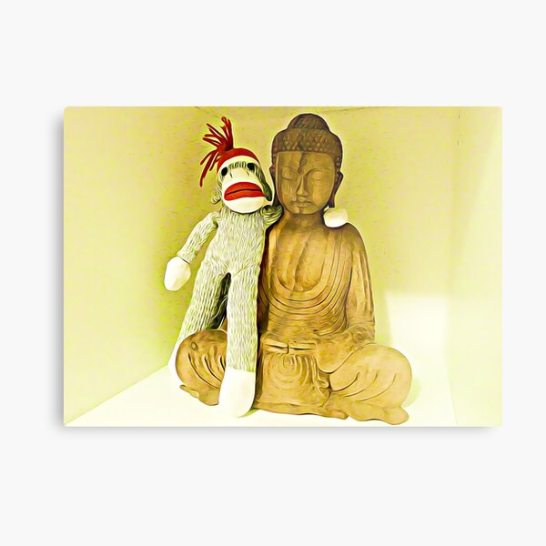 Monkey Sock Puppet Selfie With Buddha Metal Print