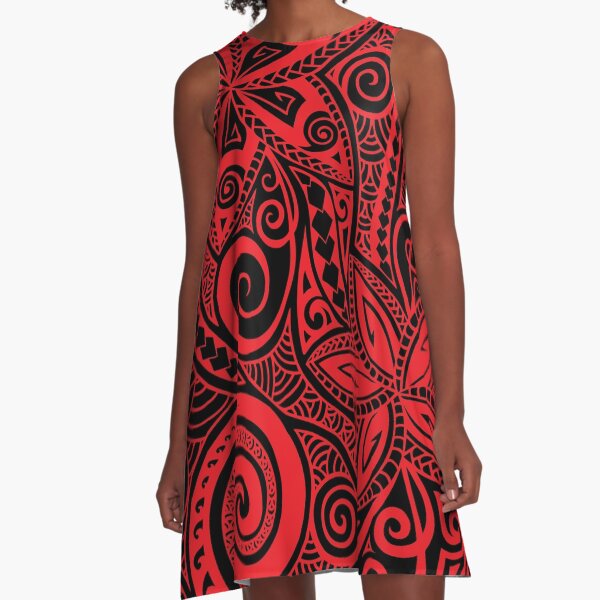 Red black Polynesian floral design A-Line Dress