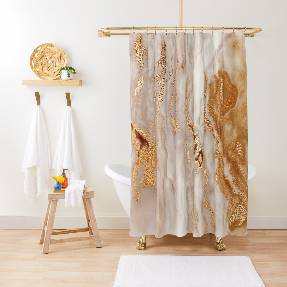 Glamorous Gold (Faux) Glitter Vein (Faux) Marble With (Faux) Copper Sparkles Shower Curtain