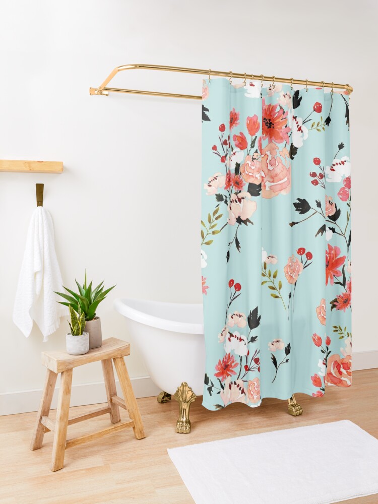 Disover Watercolor Spring Floral Teal Shower Curtain