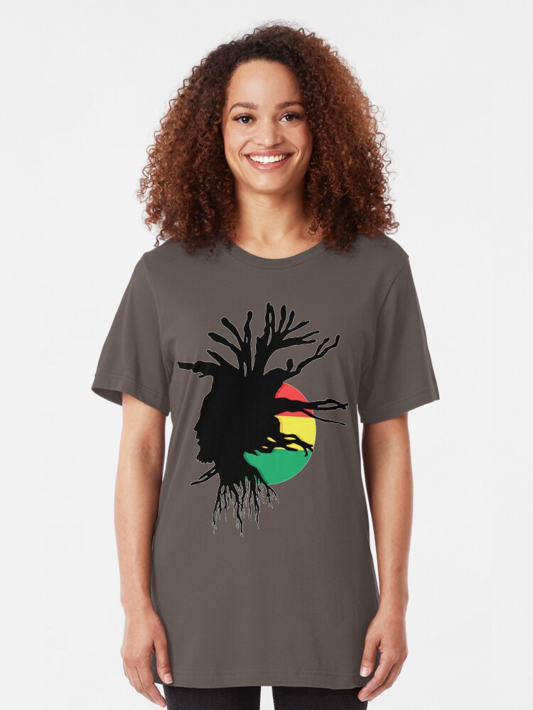 Alternate view of Rasta Dreads Ethiopian Flag Reggae Roots Rastafarian Jamaica Slim Fit T-Shirt