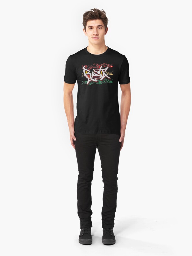 Alternate view of RASTA Rastafarian Jamaica Dreadlocks Roots Ethiopian Flag Graffiti Slim Fit T-Shirt