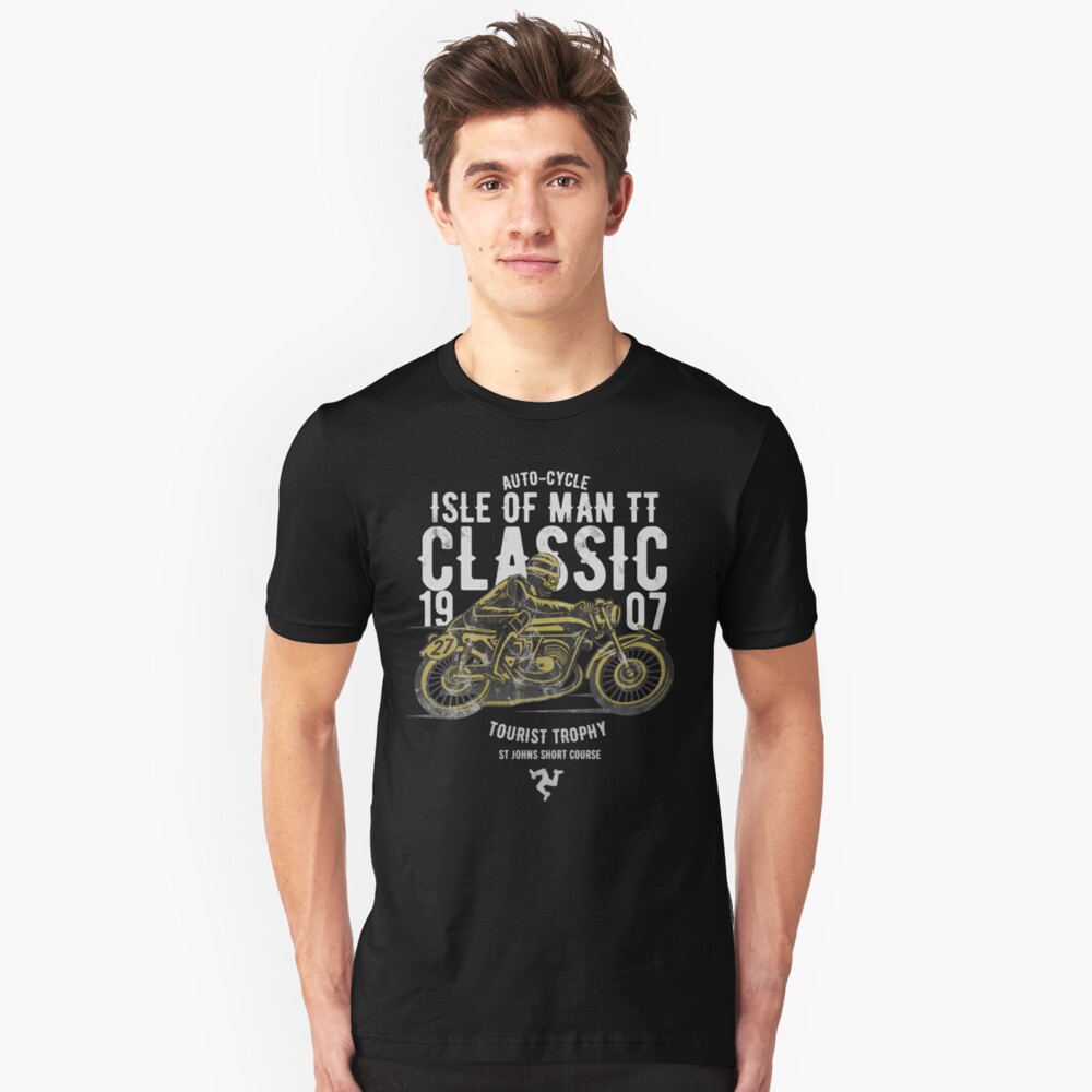 Isle Of Man TT Racing Manx Classic Vintage 3 Legs Of Man Flag Road Races GP Classic Print Slim Fit T-Shirt