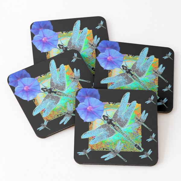 Item preview,  BLUE DRAGONFLY'S  BLUE MORNING GLORIES FLORAL BLACK ART, designed and sold by sharlesart.