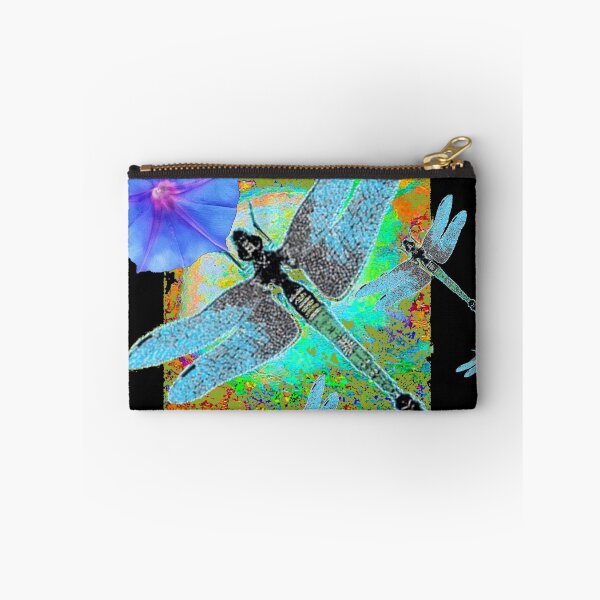 Item preview,  BLUE DRAGONFLY'S  BLUE MORNING GLORIES FLORAL BLACK ART, designed and sold by sharlesart.