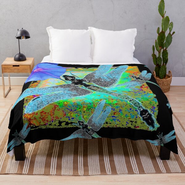 Item preview, BLUE DRAGONFLY'S BLUE MORNING GLORIES FLORAL BLACK ART, designed and sold by sharlesart.