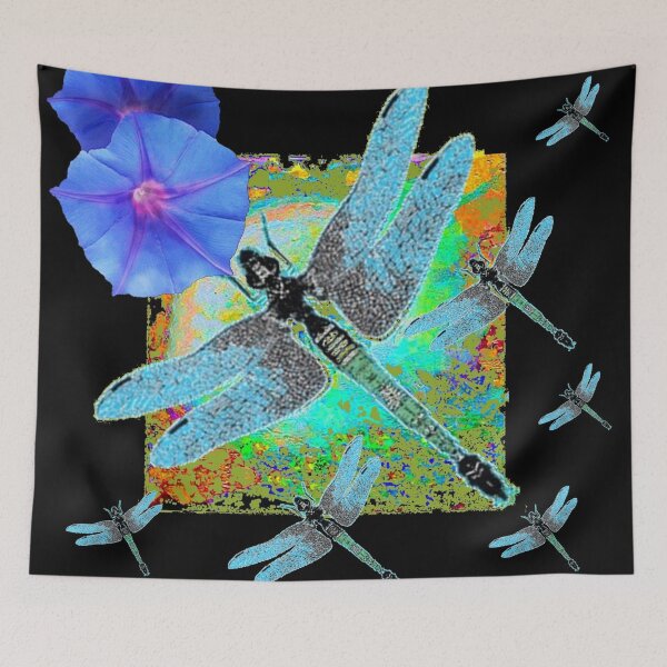 Item preview,  BLUE DRAGONFLY'S  BLUE MORNING GLORIES FLORAL BLACK ART, designed and sold by sharlesart.
