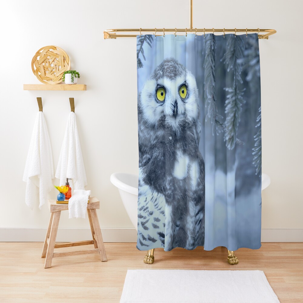 Snowy Owl Forest Bird Yellow Eyes Photo-realistic Wildlife Print Shower Curtain