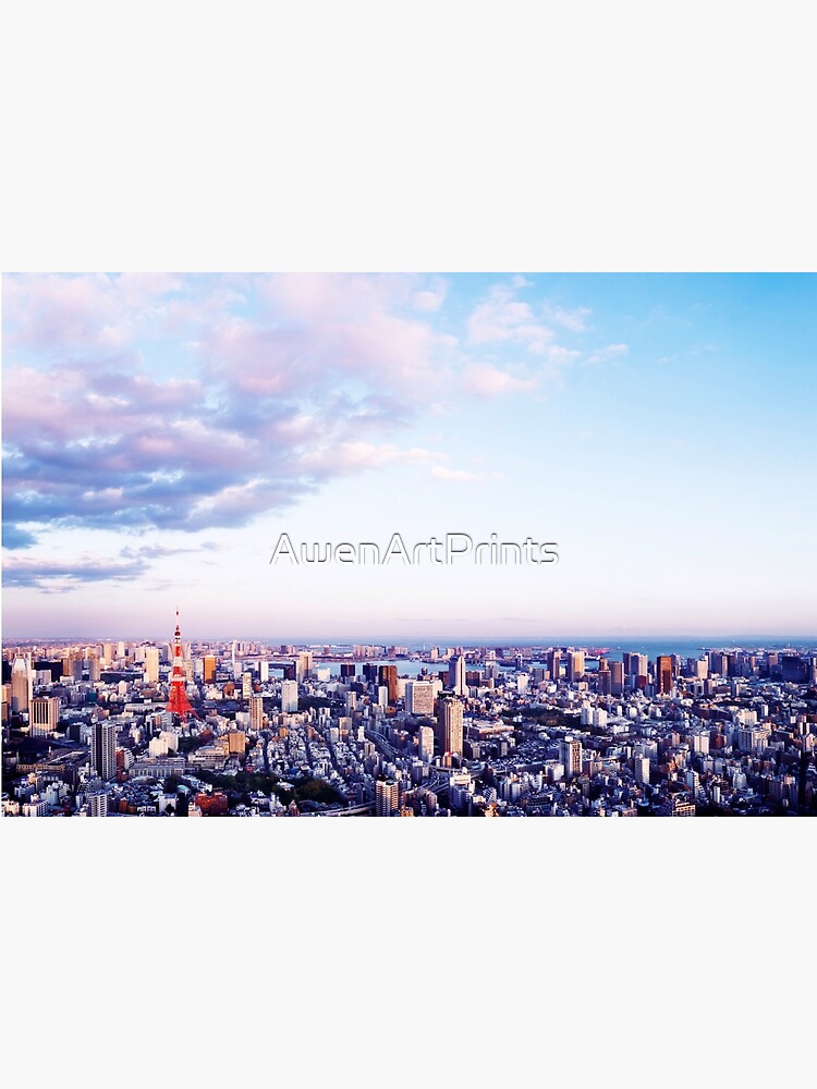 Tokyo tower in beautiful aerial scenery Tokyo city under vast blue sky art photo print by AwenArtPrints