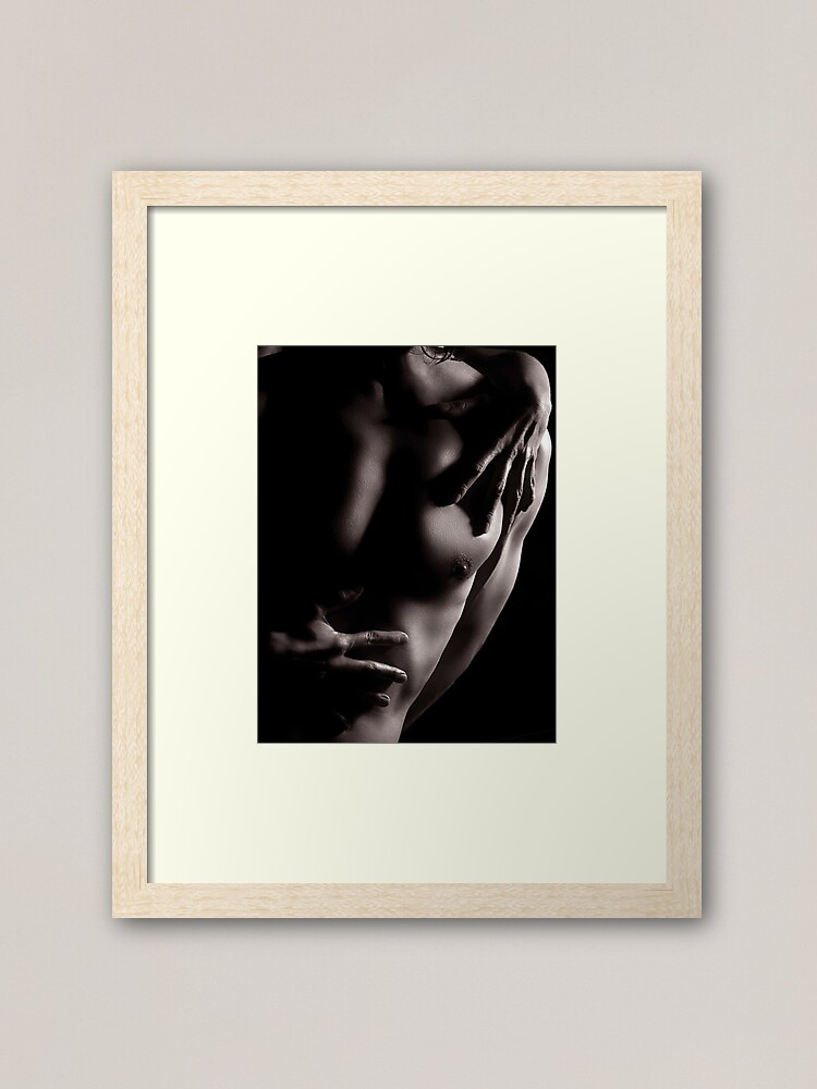 Sexy closeup of man hands taking off woman panties Framed Print by