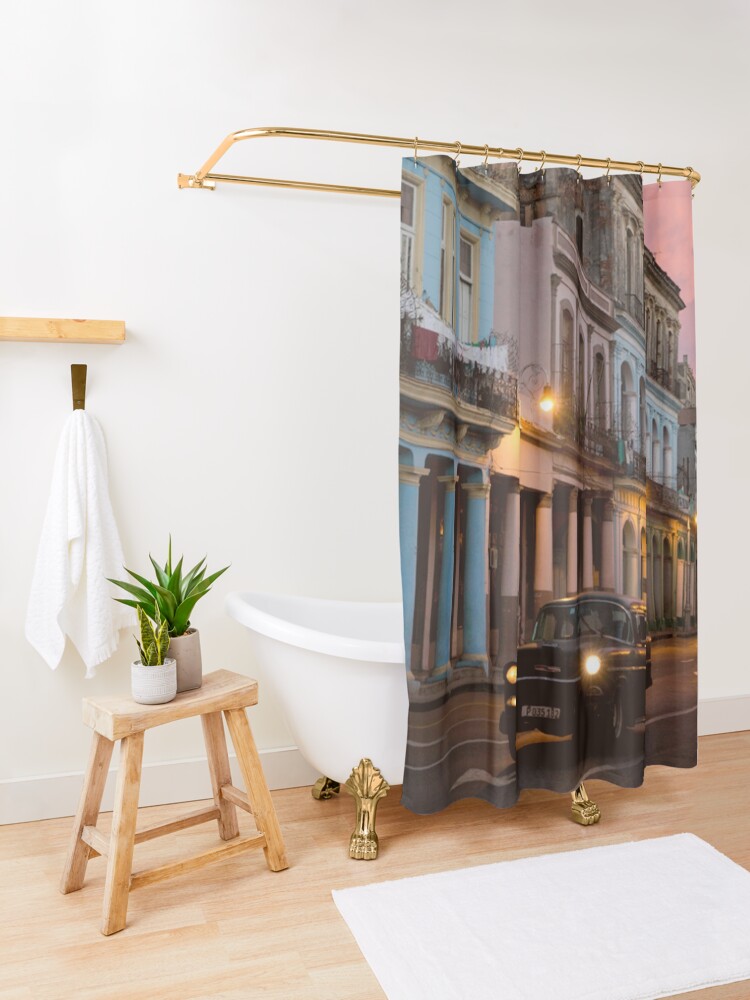 Alternate view of Cuba Havana Cuban Tropical Sunset Classic Car Shower Curtain