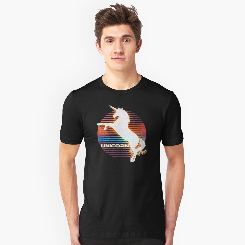 Unicorn Black Grey White Retro Galaxy Unicorn Graphic Logo Slim Fit T-Shirt