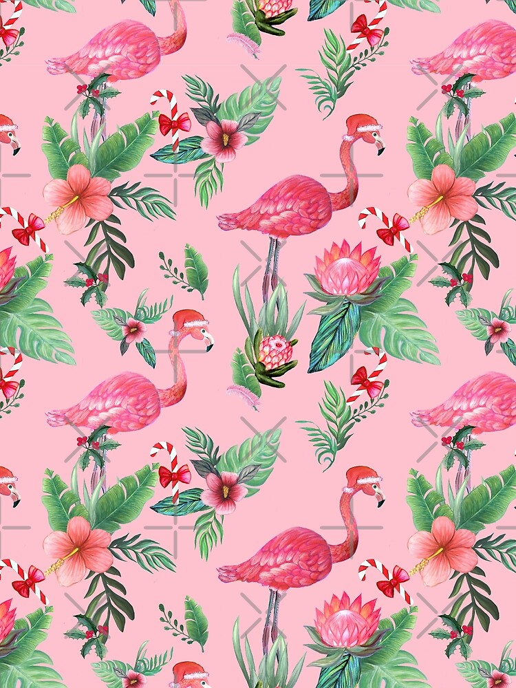 Pink Flamingo in Santa Hat with candy canes, holly and exotic flowers in watercolor by MagentaRose