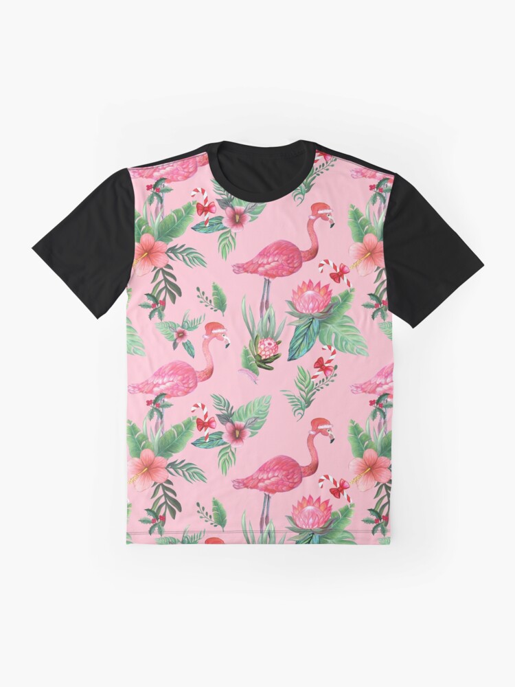 Alternate view of Pink Flamingo in Santa Hat with candy canes, holly and exotic flowers in watercolor Graphic T-Shirt
