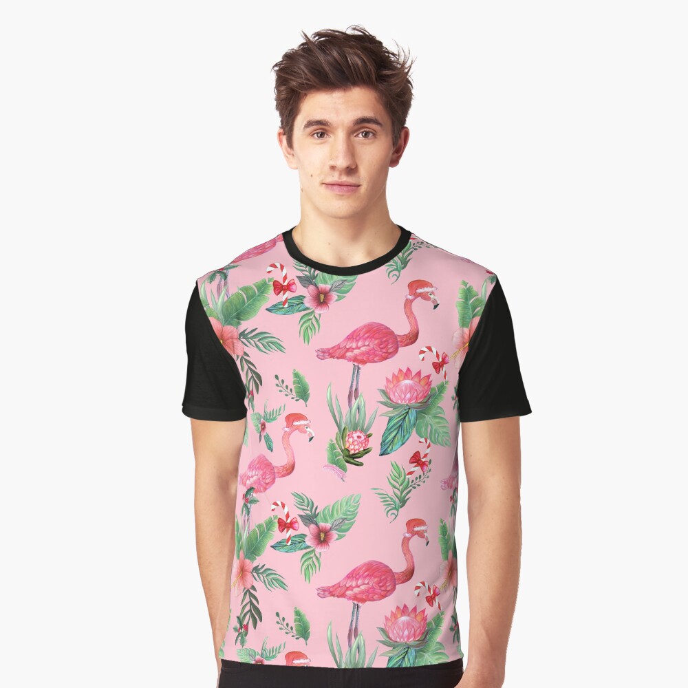 Pink Flamingo in Santa Hat with candy canes, holly and exotic flowers in watercolor Graphic T-Shirt