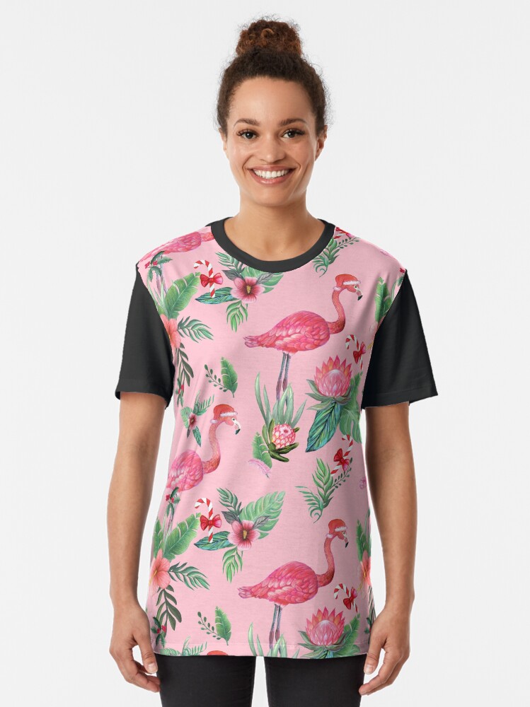 Alternate view of Pink Flamingo in Santa Hat with candy canes, holly and exotic flowers in watercolor Graphic T-Shirt