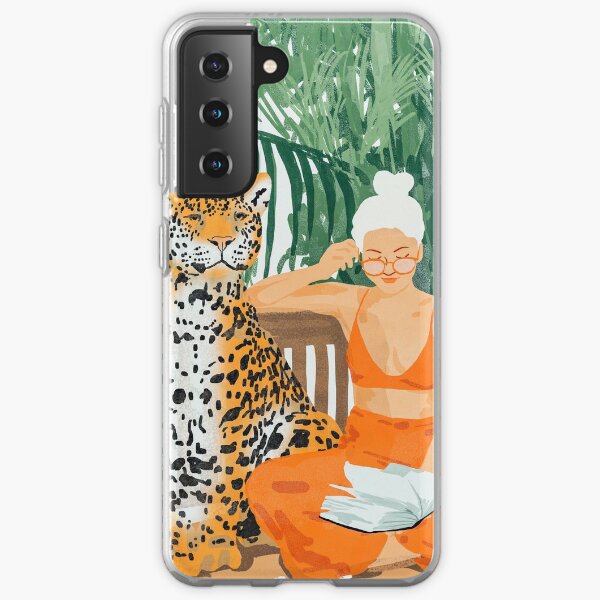 Jungle Vacay, Tropical Nature Painting, Woman & Wildlife, Tiger Cheetah Palms Illustration, Wild Cat Blonde Fashion Samsung Galaxy Soft Case