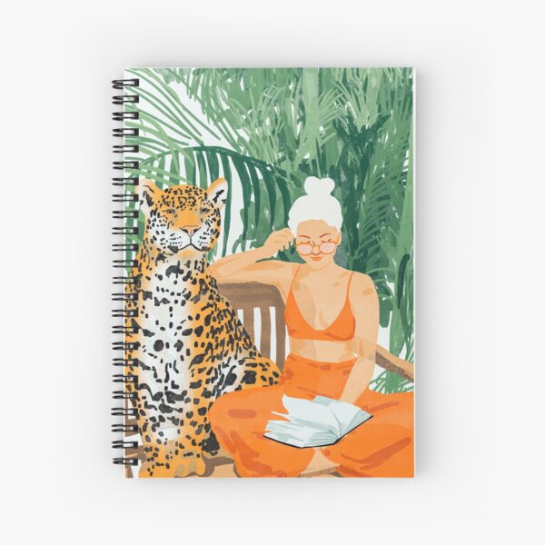 Jungle Vacay, Tropical Nature Painting, Woman & Wildlife, Tiger Cheetah Palms Illustration, Wild Cat Blonde Fashion Spiral Notebook