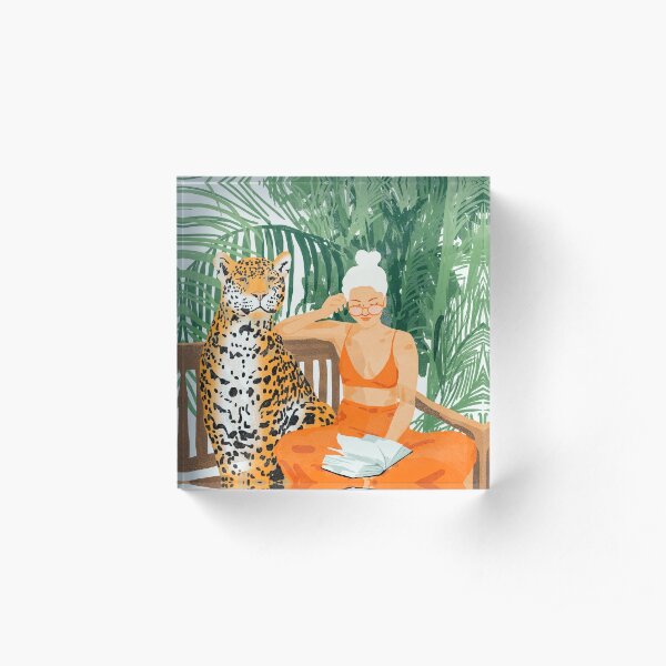 Jungle Vacay, Tropical Nature Painting, Woman & Wildlife, Tiger Cheetah Palms Illustration, Wild Cat Blonde Fashion Acrylic Block