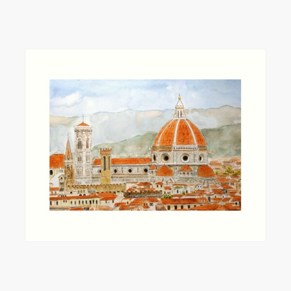 Italy Florence Cathedral Duomo watercolor painting with background Art Print