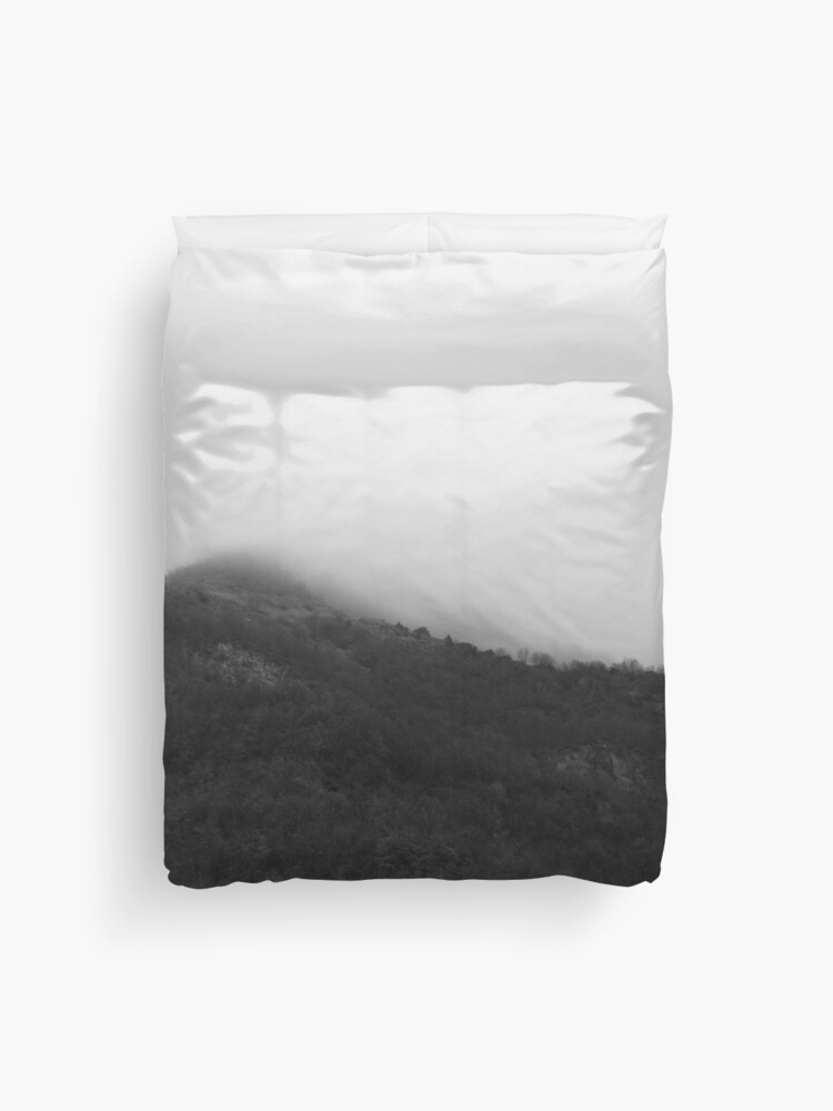 Black and white modern minimal foggy forest mountains Duvet Cover
