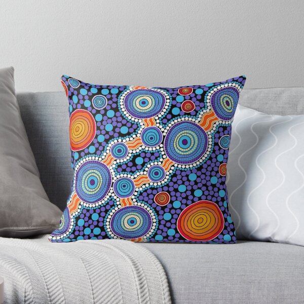 Authentic Aboriginal Art - The Journey Blue Throw Pillow