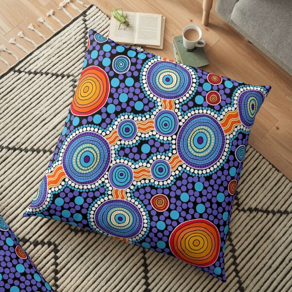 Authentic Aboriginal Art - The Journey Blue Floor Pillow