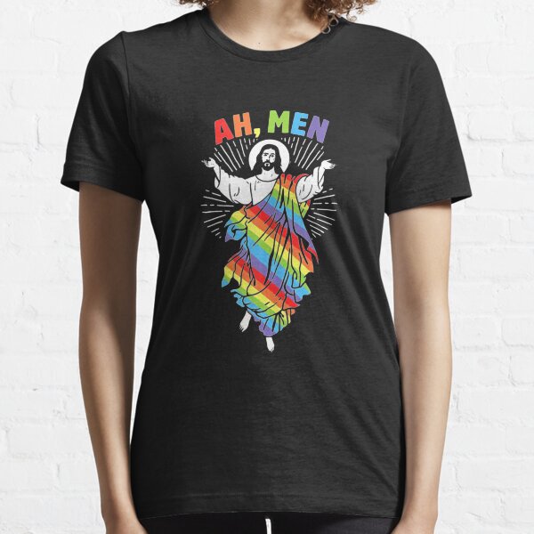Ah men funny lgbt gay pride jesus rainbow flag god Essential T-Shirt