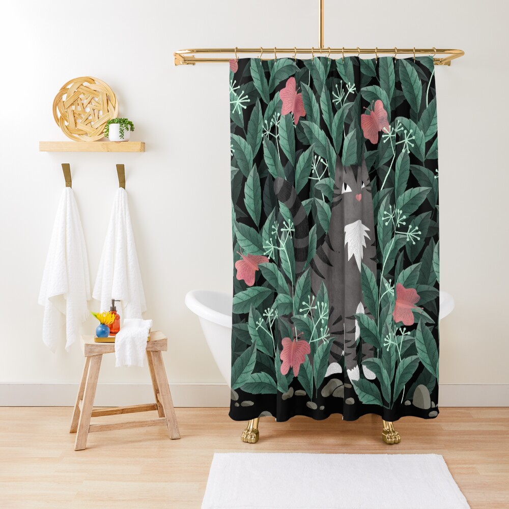Butterfly Garden (Tabby Cat Version) Shower Curtain