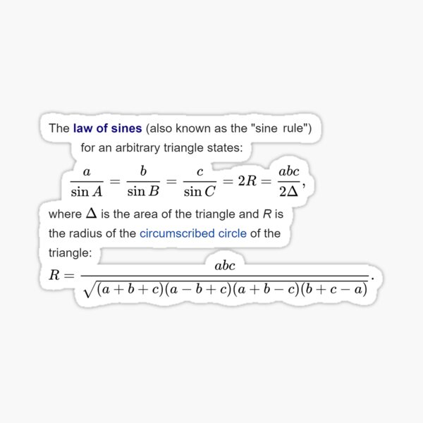 Law of Sines, Sine Rule, arbitrary triangle, sin, area, circumscribed, circle, Sticker