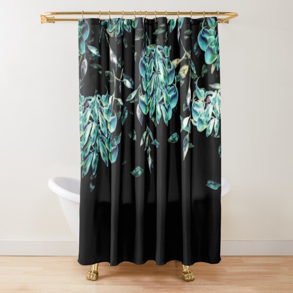 Jade Vine Black and Teal Tropical Floral Print Shower Curtain