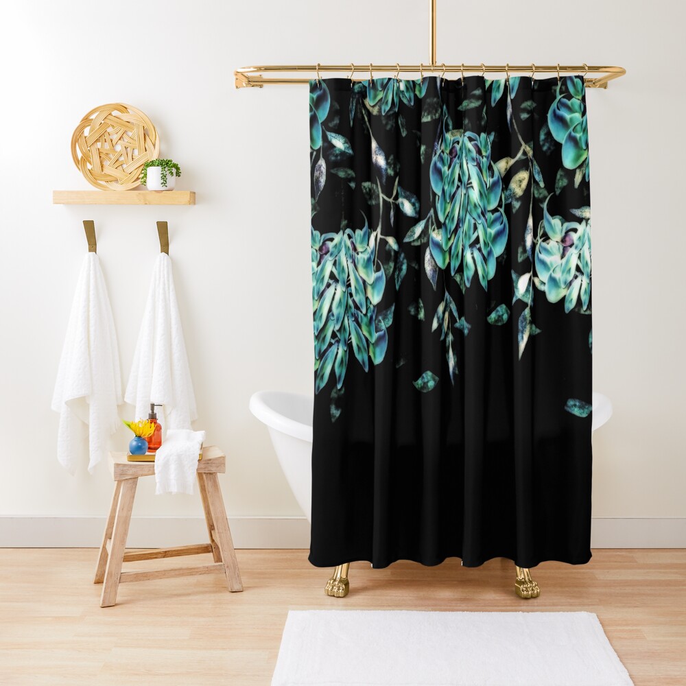 Jade Vine Black and Teal Tropical Floral Print Shower Curtain