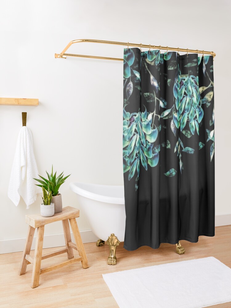 Alternate view of Jade Vine Black and Teal Tropical Floral Print Shower Curtain
