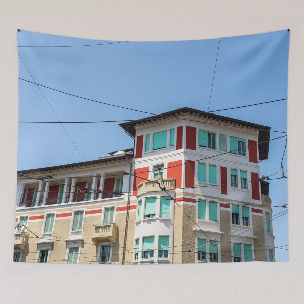 Item preview, Milans Marvelous Architecture - Colourful Art Deco Building Through Crisscrossed Tram Wires designed and sold by Georgia Mizuleva.