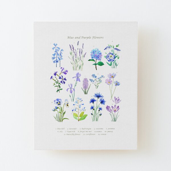blue and purple flower collection watercolor Wood Mounted Print