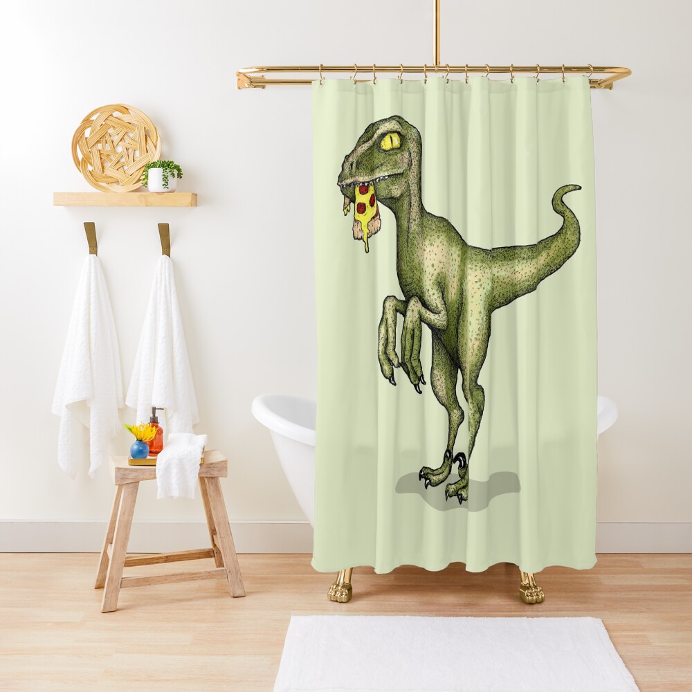 "Raptor dinosaur eating pizza slice" Shower Curtain for Sale by