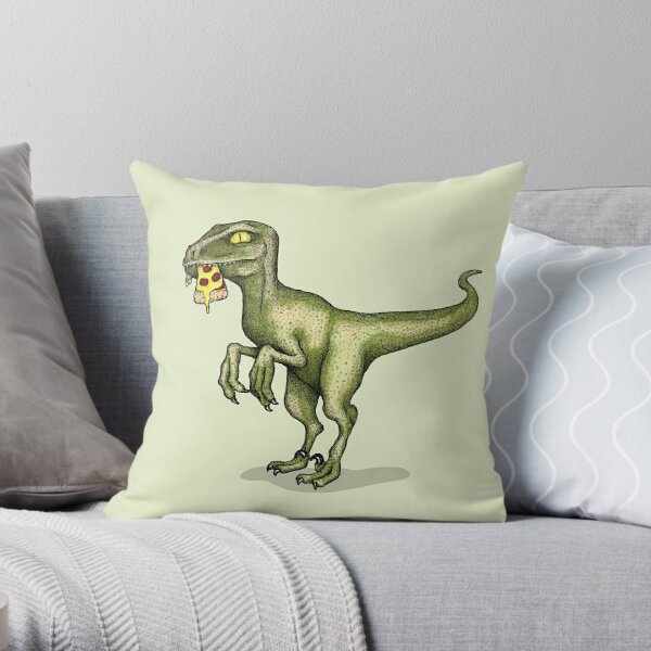 Raptor dinosaur eating pizza slice Throw Pillow