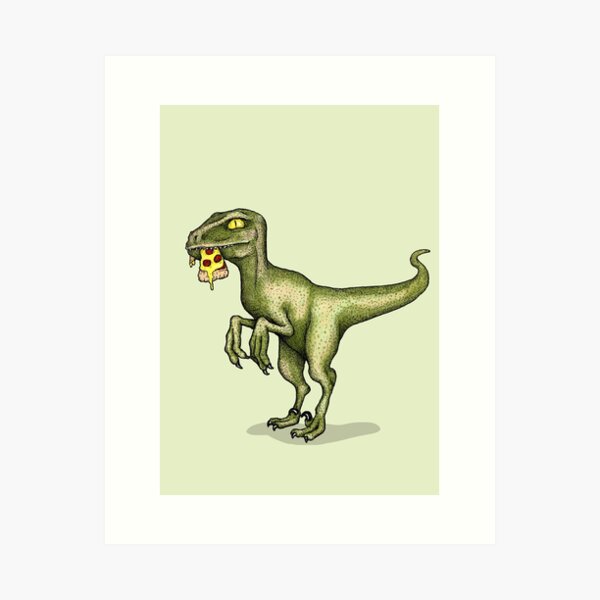 Raptor dinosaur eating pizza slice Art Print